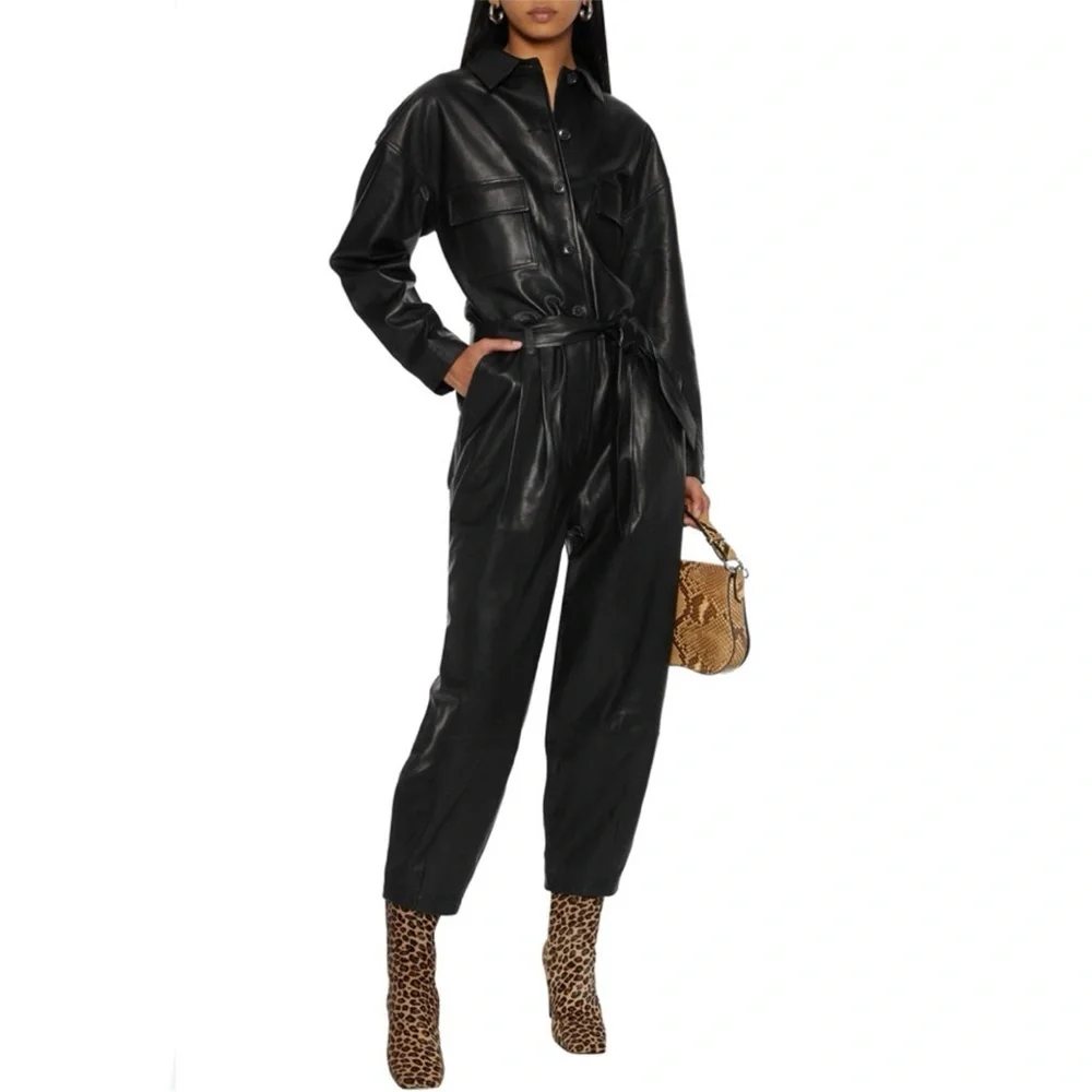 Frame Jumpsuit Belted Lamb Leather in Black